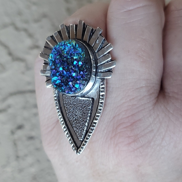 New Unique Oversized Blue Titanium Druzy 925 Silver Statement Ring. - Picture 10 of 16